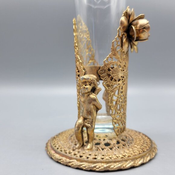 Antique Vintage Gold Brass Filigree Fluted Bud Vases Cherub Figural Design - Picture 9 of 16